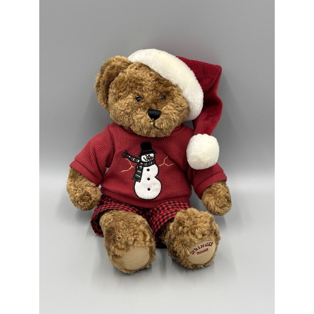 Vintage KenTex Christmas Teddy Bear SPRINGER 2000 In Shirt W/ Hat Attached 15”